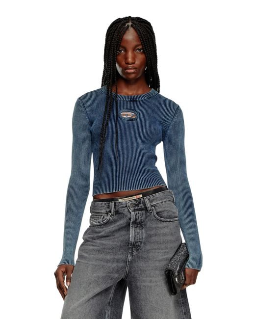DIESEL Blue Rib-knit Top With Oval D