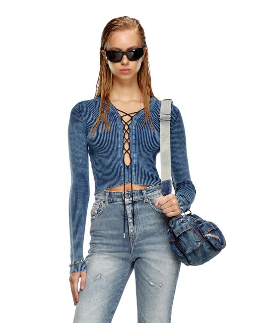 DIESEL Blue Cropped Lace-up Top In Indigo Knit