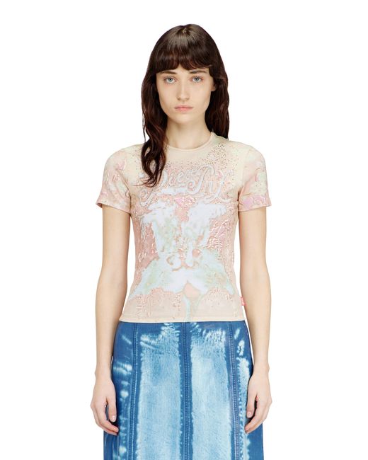 DIESEL Blue Animalier-Print T-Shirt With Crystals
