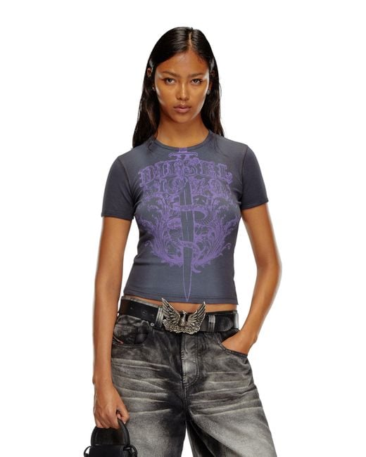 DIESEL Blue Geripptes T-Shirt Mit -Schwert-Print
