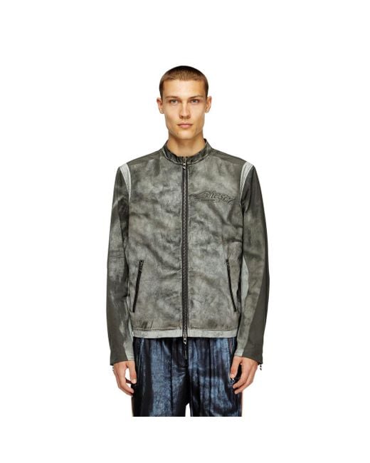 DIESEL Gray Biker Jacket In Printed Canvas for men
