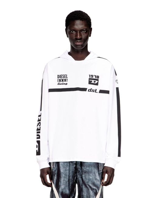 DIESEL White Hoodie T-Shirt With Contrast Graphics for men