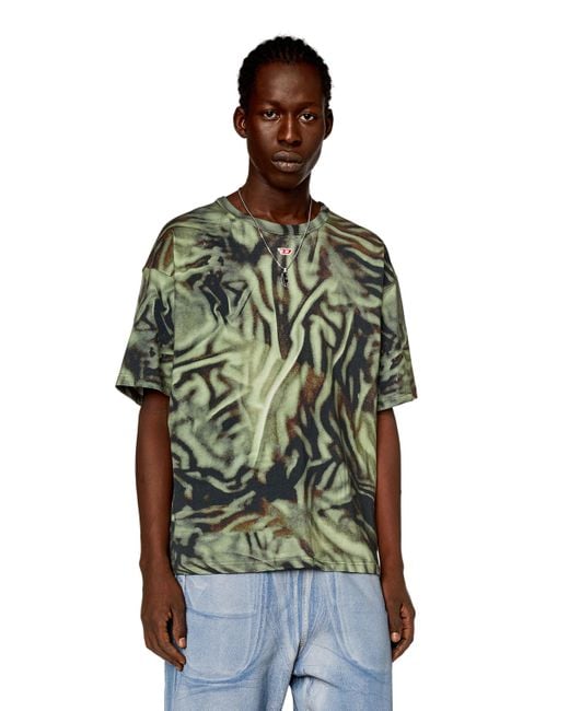 DIESEL Green T-shirt With Zebra-camo Print for men