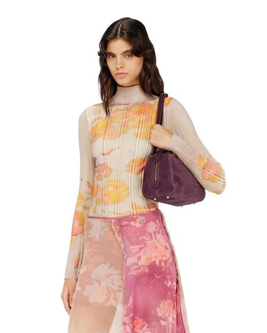 DIESEL Pink Ribbed Wool Turtleneck Top With Floral Print