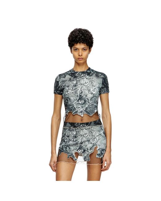 DIESEL Blue Nylon T-shirt With Heraldic Print