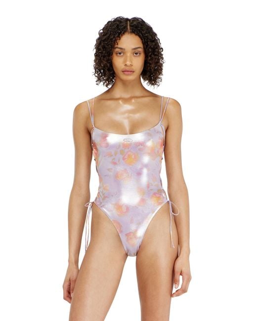 DIESEL Pink Floral Metallic Lace-Up Swimsuit