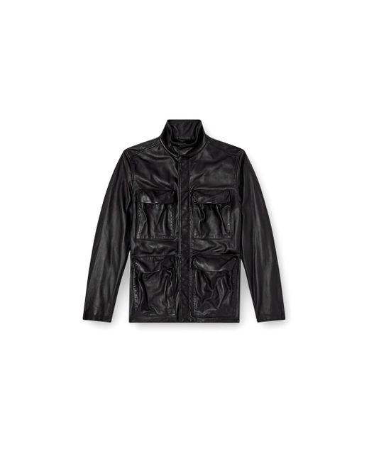 DIESEL Black Leather Jacket With Utility Pockets