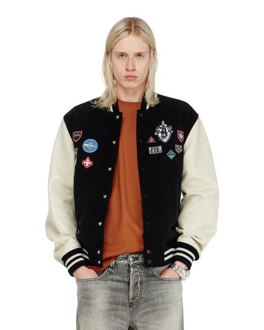DIESEL Black Wool And Leather Bomber Jacket With Patches for men