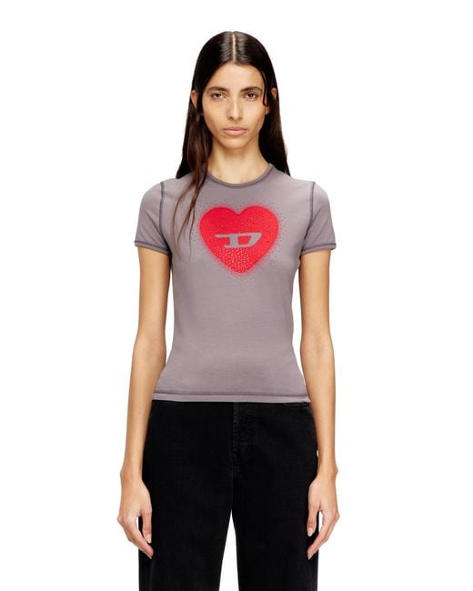 DIESEL Red Slim T-Shirt With Heart Print And Studs
