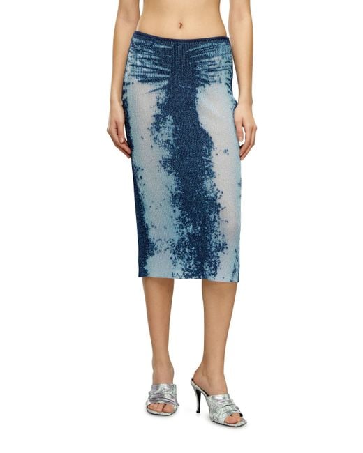 DIESEL Blue Midi Skirt In Devoré Metallic Knit