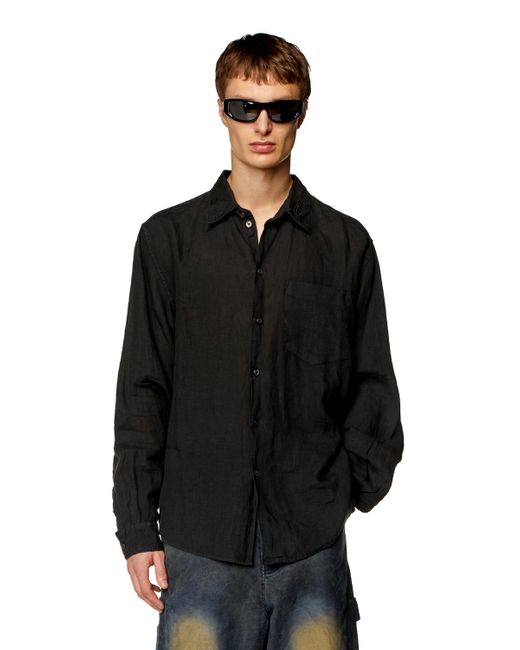 DIESEL Black Linen Shirt With Logo Collar for men