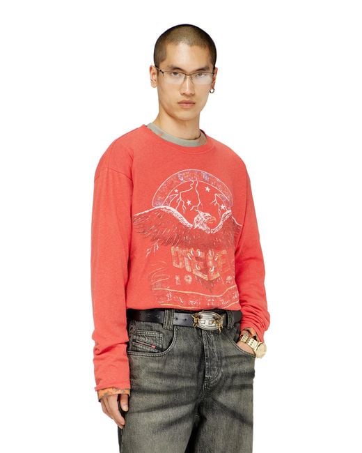 DIESEL Red Long-Sleeve T-Shirt With Concert Graphics for men