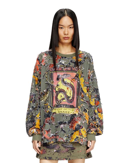 DIESEL Gray Destroyed Snake-print Long-sleeve T-shirt