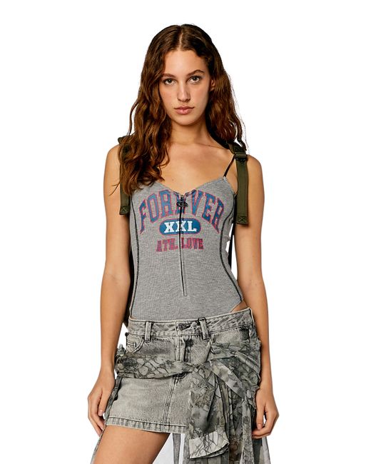 DIESEL Gray Ribbed Bodysuit With College Print