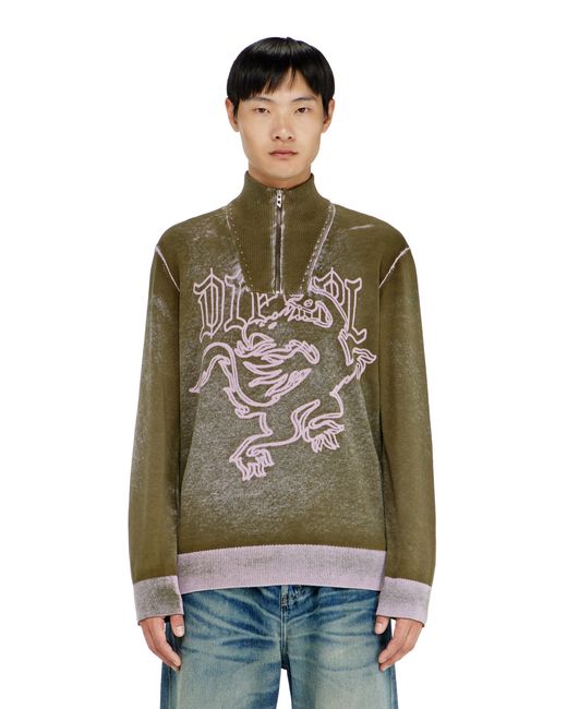 DIESEL Green Treated Half-Zip Jumper With Griffin Motif for men