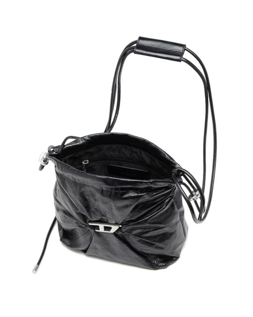 DIESEL Black Scrunch-d-bucket Bag In Shiny Wrinkled Leather