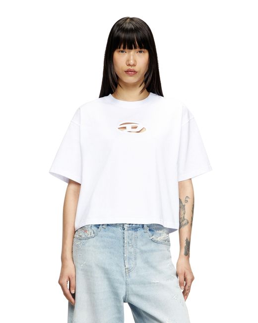 DIESEL White Boxy T-Shirt With Cut-Out Oval D Logo