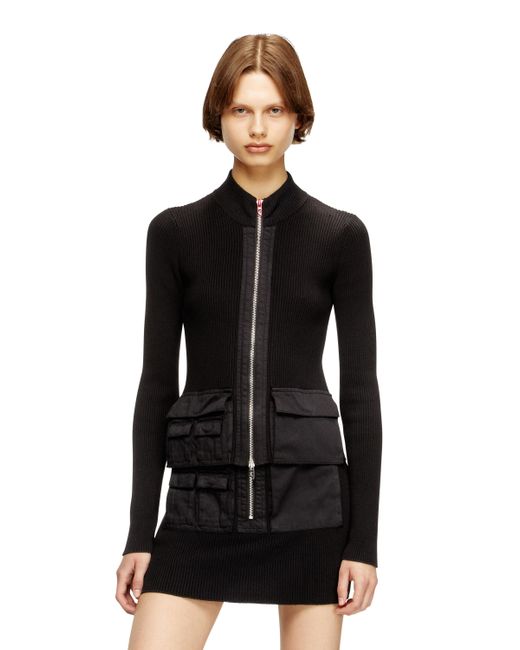 DIESEL Black Ribbed Dress With Cargo Pockets