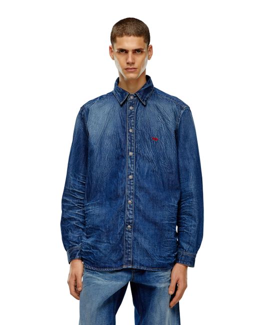DIESEL Blue Stretch Denim Shirt With 3d Whiskers for men