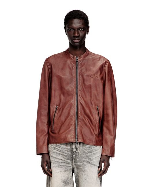 DIESEL Red Leather Biker Jacket With Archival Logo for men