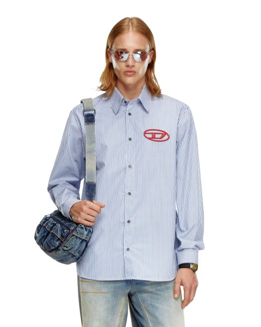 DIESEL Blue Striped Shirt With Oval D Embroidery for men
