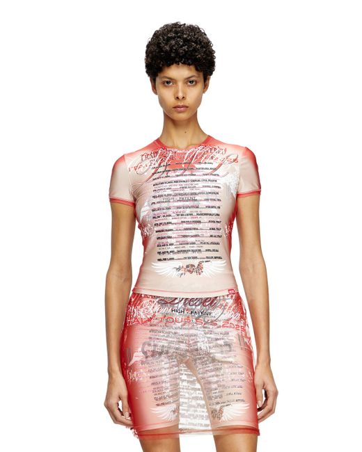 DIESEL Red Sheer T-Shirt With Lyrics Print