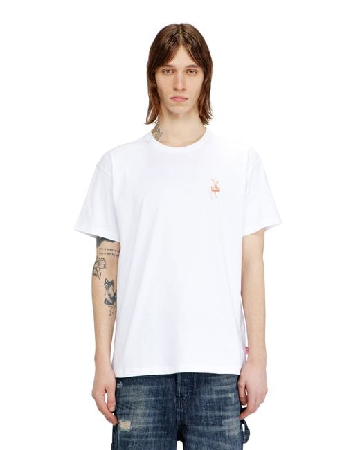 DIESEL White T-Shirt With Pig And Logo Print for men