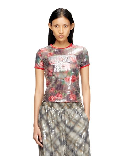 DIESEL Red Skinny Floral Print Jersey Top With Sequins