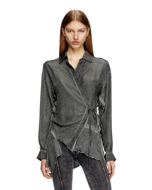 Chemise cache-caur asymétrique en sergé froissé DIESEL en coloris Black