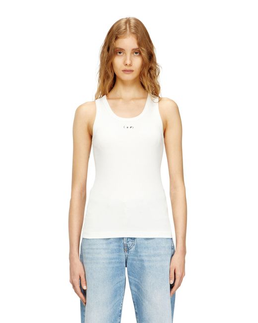 DIESEL White Slim Ribbed Tank Top With Metallic Oval D