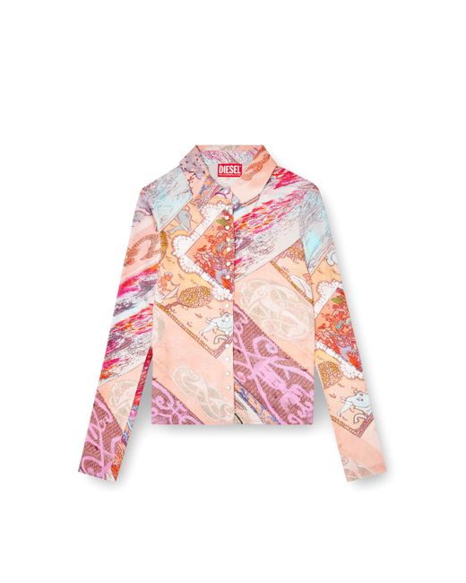 DIESEL Red Stretch-Viscose Shirt With Heraldic Print