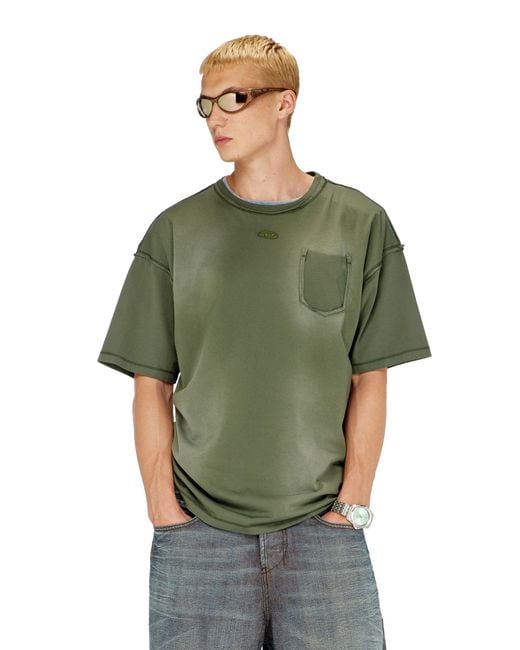 DIESEL Green Faded T-Shirt With Ripped Pocket Detail for men