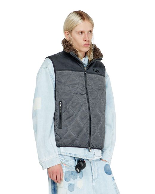 DIESEL Blue Quilted Vest With Fluffy Neck Lining for men
