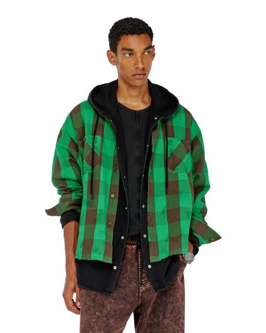 DIESEL Green Check Flannel Shirt With Distressed Effect for men