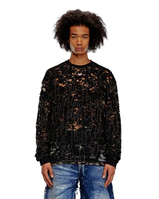 DIESEL Black Tulle T-shirt With Destroyed Jersey for men
