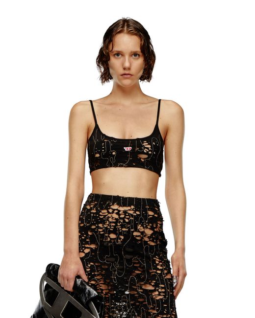 DIESEL Black Tulle Bra Top With Destroyed Jersey
