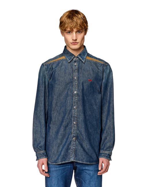 DIESEL Blue Shirt In Denim With Contrasting Panels for men