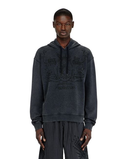 DIESEL Blue Printed Hoodie With Rhinestone Studs for men