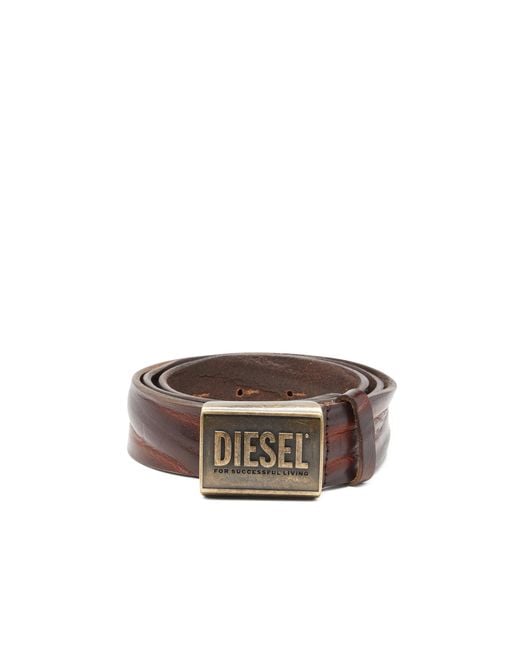 DIESEL Brown Leather Belt 4 Cm With Logo Plaque for men