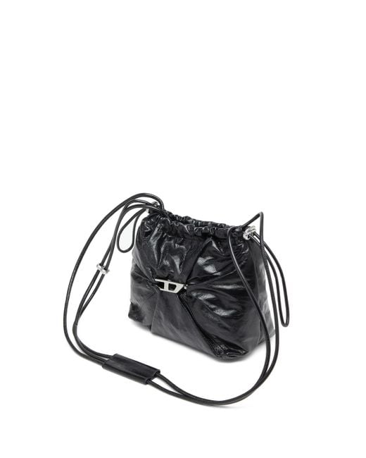 DIESEL Black Scrunch-d-bucket Bag In Shiny Wrinkled Leather