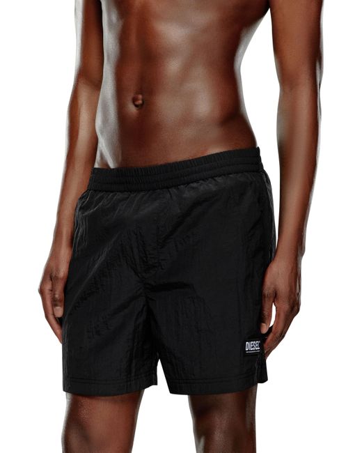 DIESEL Black Board Shorts In Crinkled Fabric for men
