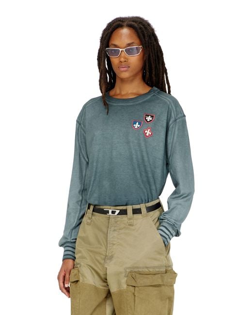 DIESEL Blue T-Shirt With Patches And Microwaffle Inserts