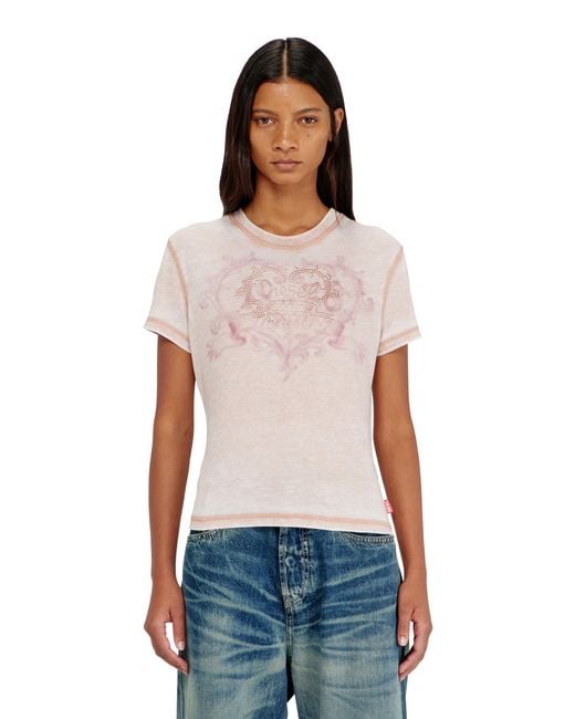 DIESEL White Jersey T-Shirt With Rhinestones And Burnout Effect