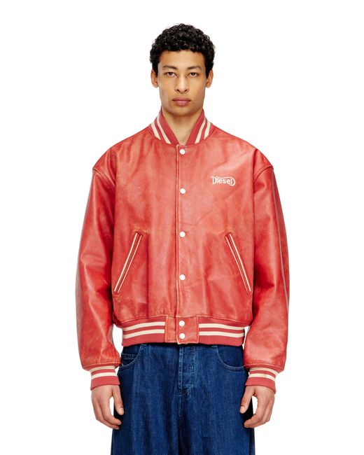 DIESEL Red Leather Bomber Jacket With Logo