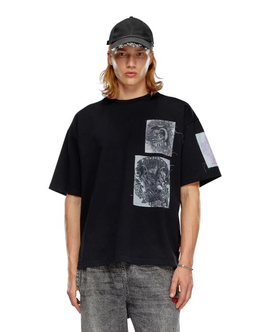 DIESEL Black T-shirt With Raw-cut Printed Patches for men