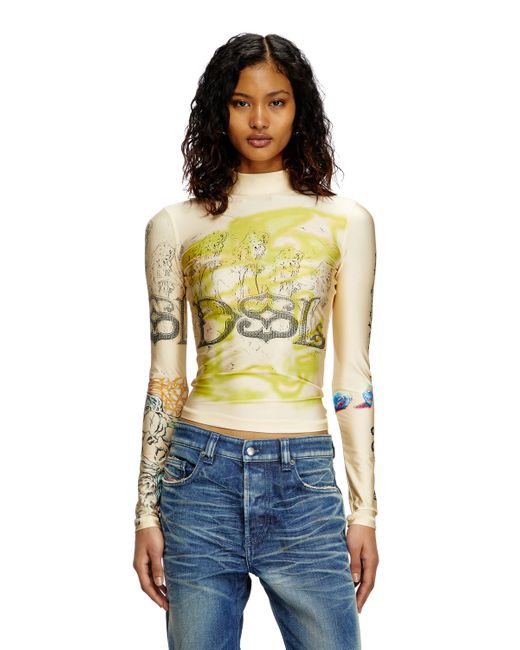 DIESEL Blue Turtleneck Top With Tattoo Print