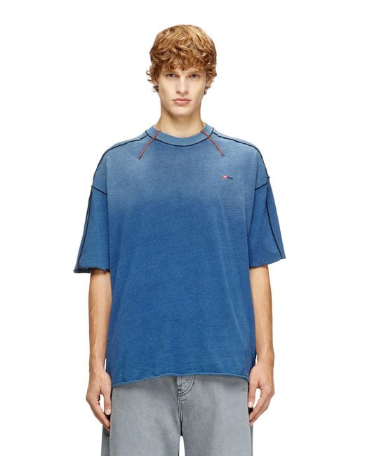 DIESEL Blue Cotton T-Shirt With Contrasting Overlock Stitching for men