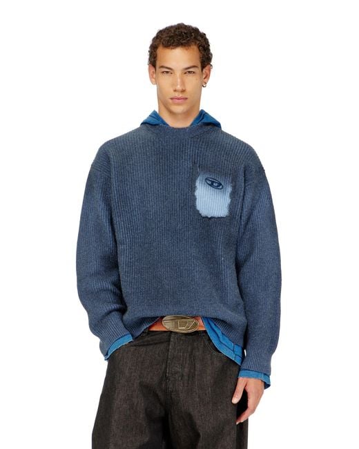 DIESEL Blue Wool-Blend Jumper With Mock Pocket for men