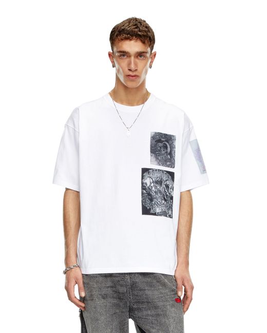 DIESEL White T-shirt With Raw-cut Printed Patches for men