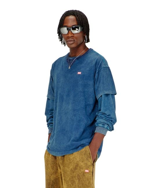DIESEL Blue Acid-Wash T-Shirt With Frayed Details for men